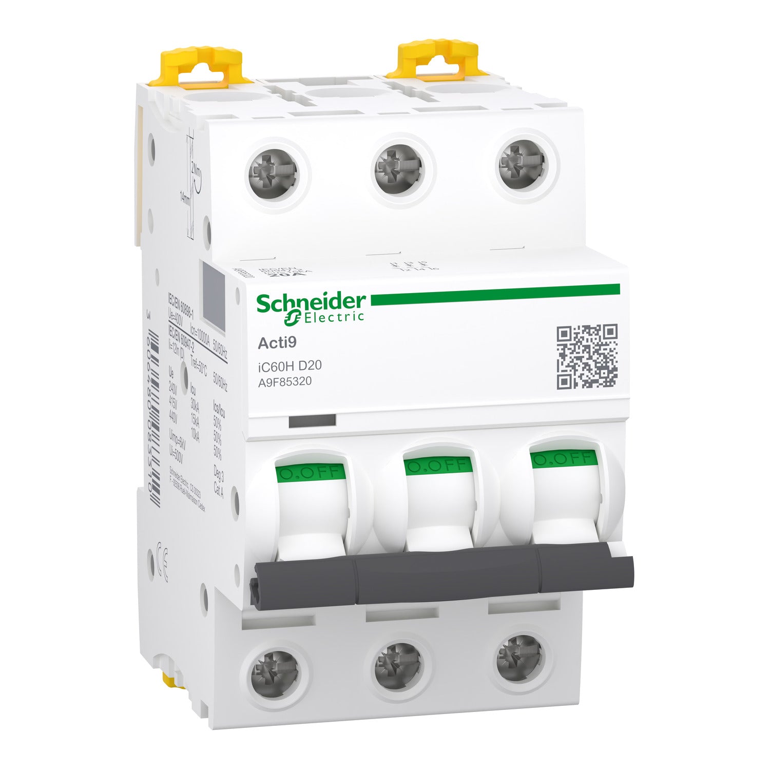 Interruptor Termomagnético Riel Acti 9 iC60H 3P 20 A D curve 10 kA (IEC 60898-1) 15 kA (IEC 60947-2)